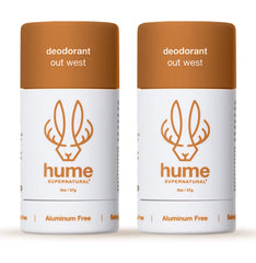 HUME SUPERNATURAL aluminum-free deodorant bottle showing clean formulation and odor protection