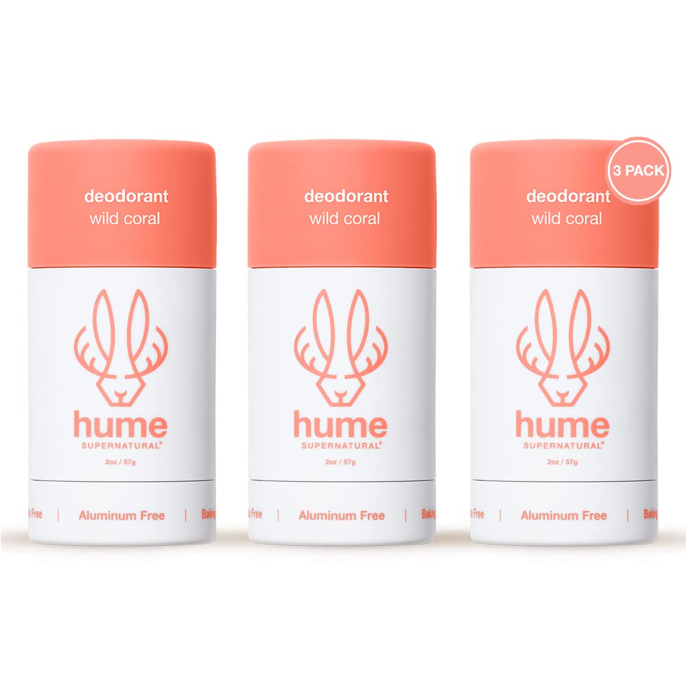 Hume Supernatural aluminum-free deodorant Wild Coral 3-pack for odor control and daily freshness.