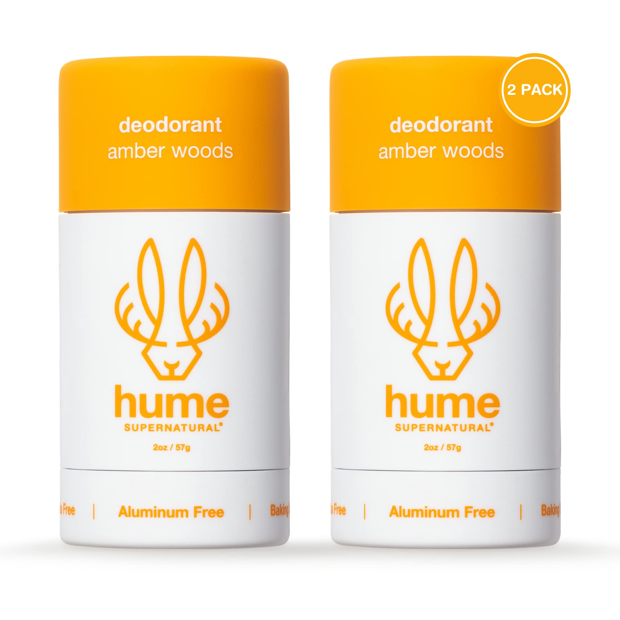 Hume Supernatural amber-woods 2-pack packaging shows aluminum-free deodorant for long-lasting odor control