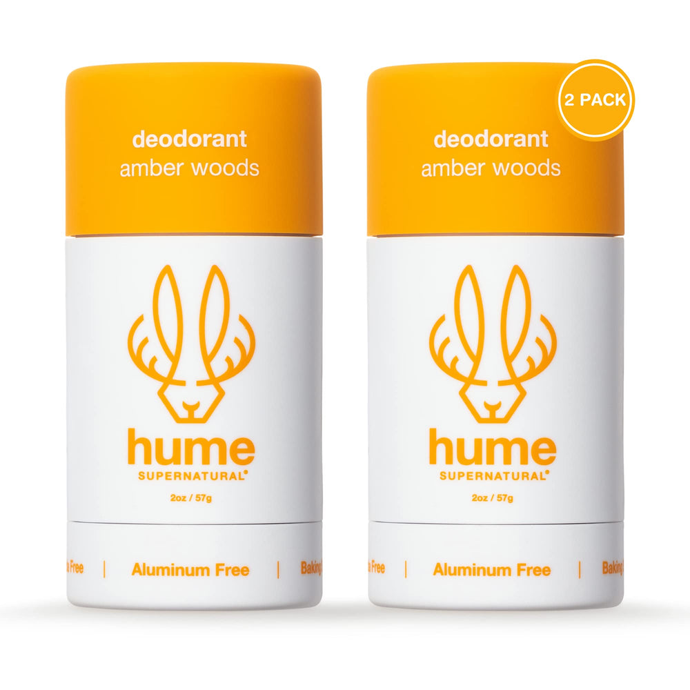 Hume Supernatural amber-woods 2-pack packaging shows aluminum-free deodorant for long-lasting odor control