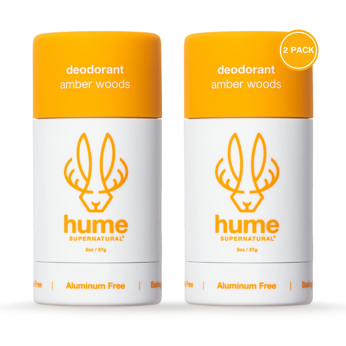 Hume Supernatural amber-woods 2-pack packaging shows aluminum-free deodorant for long-lasting odor control