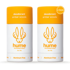 Hume Supernatural amber-woods 2-pack packaging shows aluminum-free deodorant for long-lasting odor control