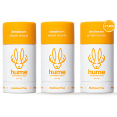 Hume Supernatural Amber Woods 3-pack box showing aluminum-free freshness for all-day wear