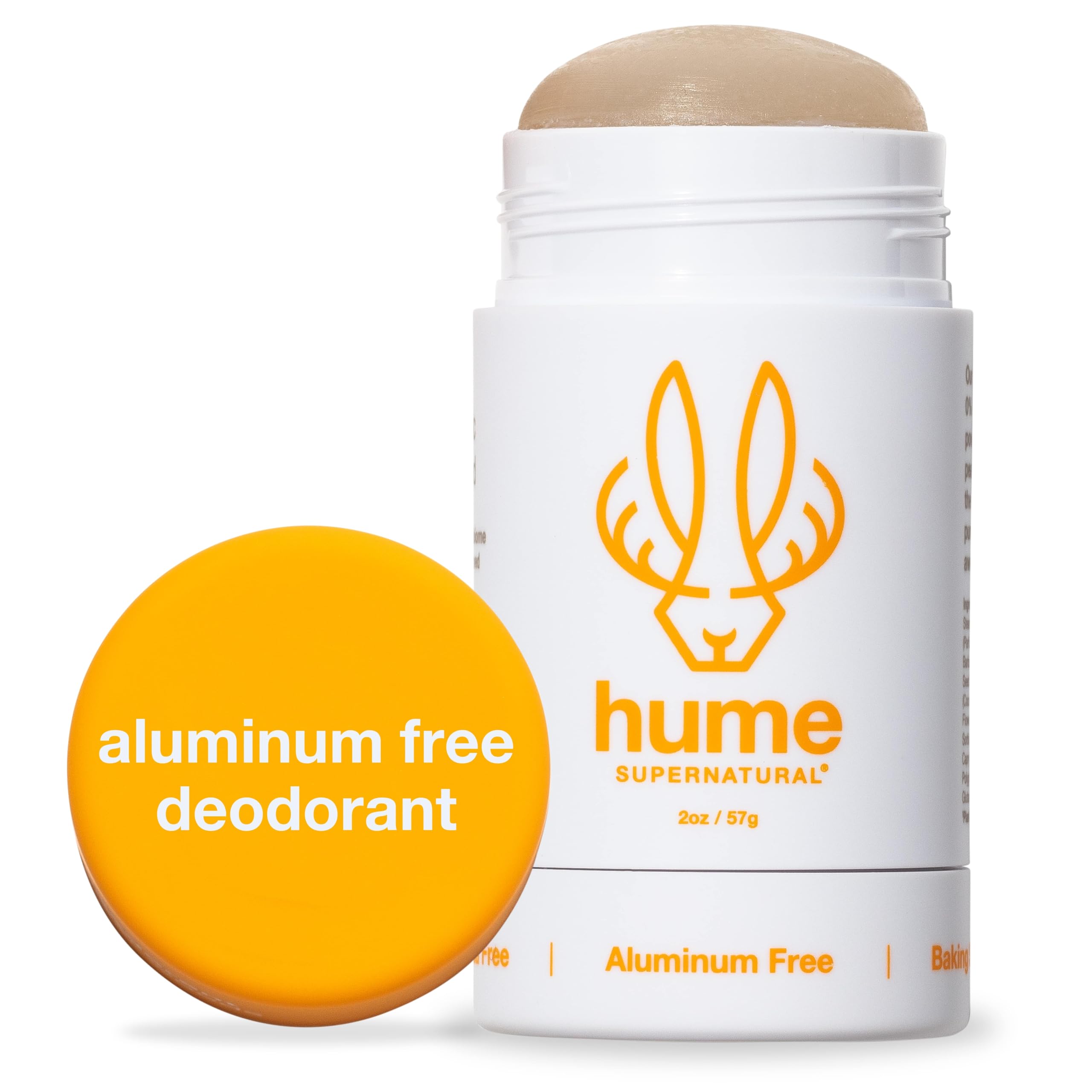 Hume Supernatural amber woods deodorant bottle shows aluminum-free protection and warm scent