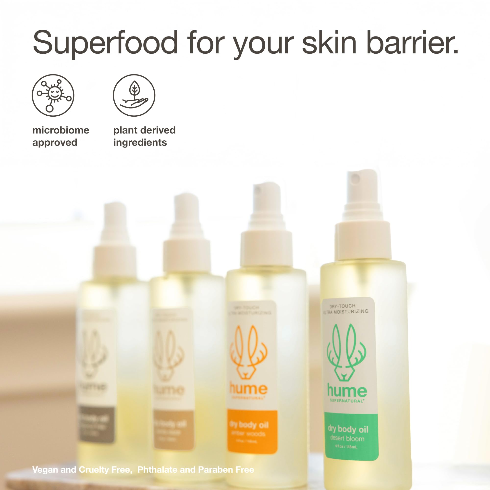 HUME SUPERNATURAL barrier-support plant oils depict protective conditioning for the skin