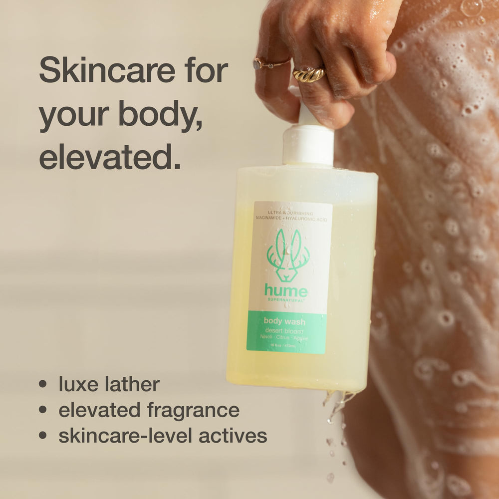 HUME SUPERNATURAL Desert Bloom prebiotics balance the skin microbiome.