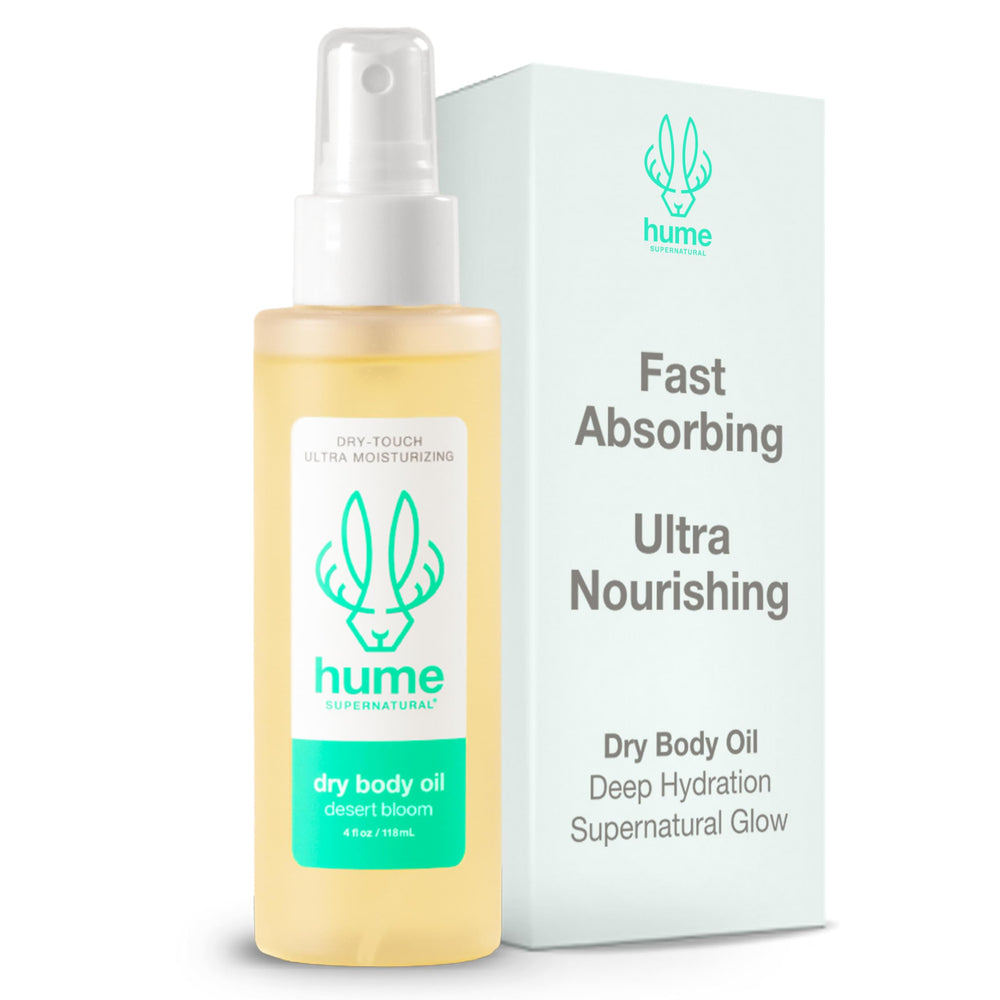 HUME SUPERNATURAL dry body oil spray bottle shows fast-absorbing hydration after shower