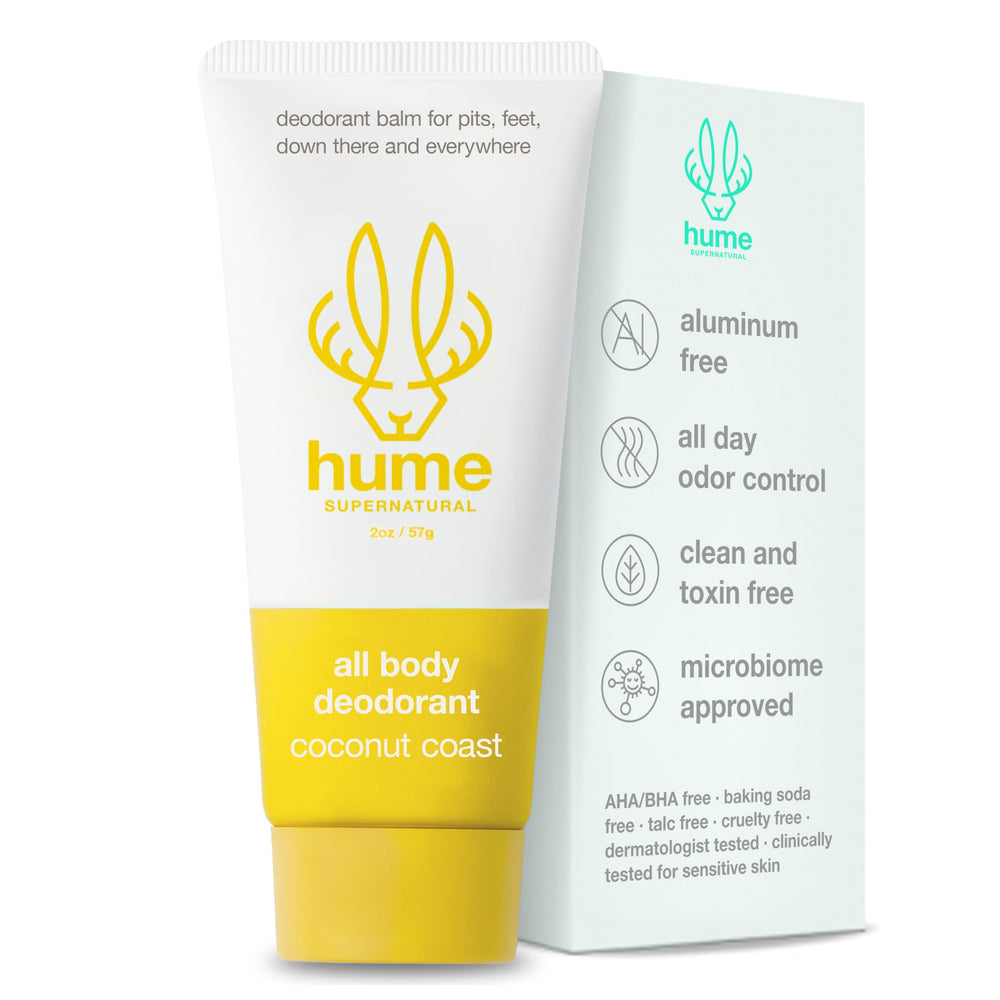 Hume Supernatural Invisible Balm in use, smooth application for full-body freshness and odor control.