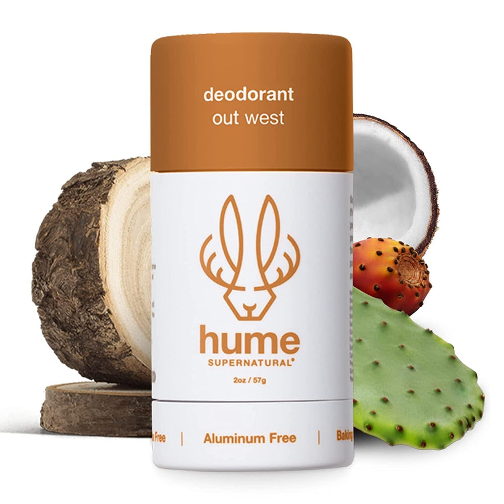 HUME Supernatural Out West deodorant bottle showing aluminum-free protection for all-day freshness