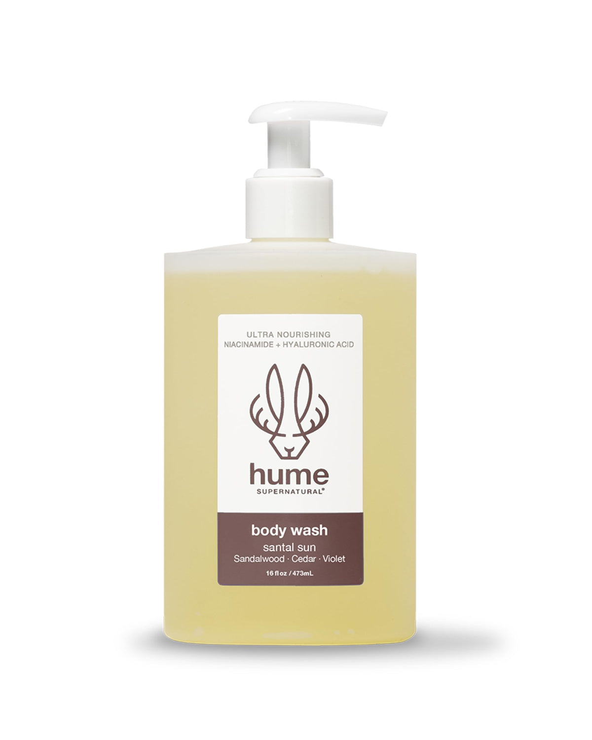 Hume Supernatural Santal Sun bottle with pump, luxurious lather for daily cleansing and hydration.