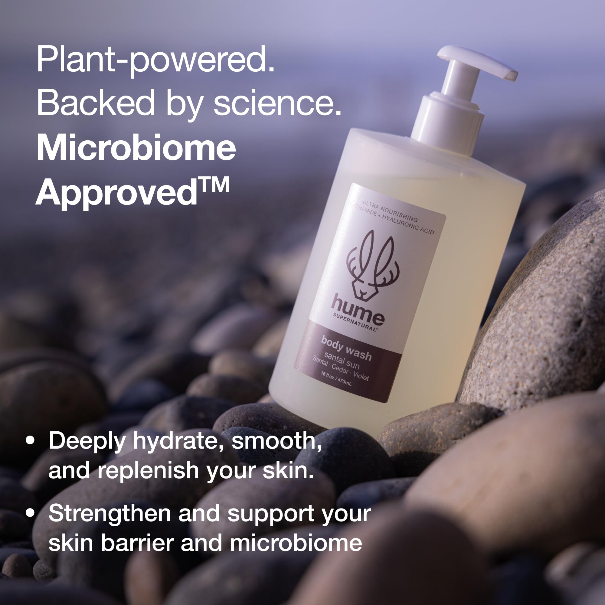 Hume Supernatural Vanilla Daze bottle pump, creamy texture elevates shower ritual with comfort.