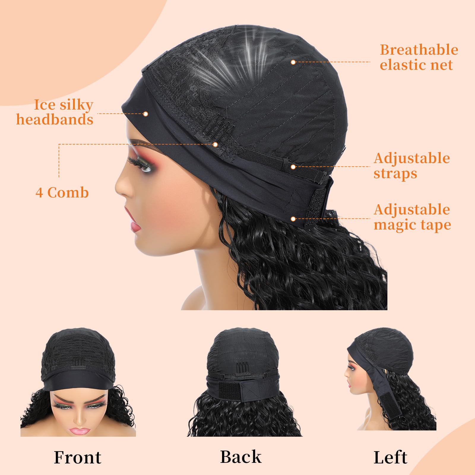 Humistwbiu Curly Headband Wig water wave back view reveals density.
