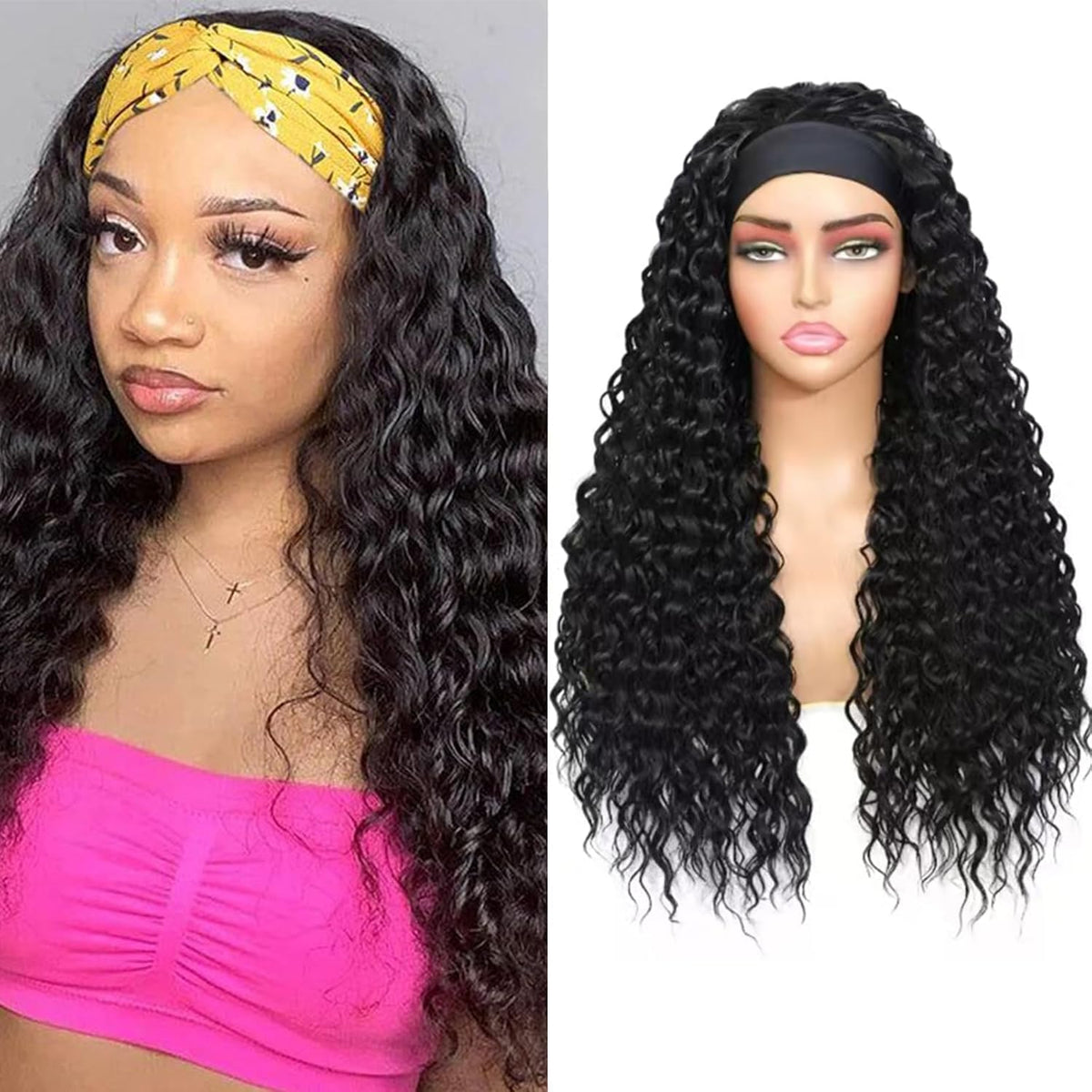 Humistwbiu Curly Headband Wig water wave front view for natural, full look and easy wear.
