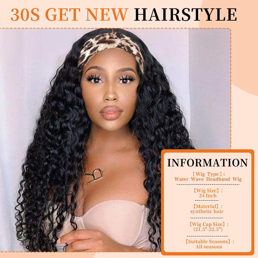 Humistwbiu Curly Headband Wig water wave side view showing volume and comfort.