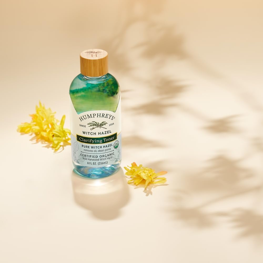 Humphreys Toner bottle with droplets highlights hydrating feel.