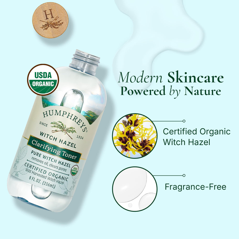 Humphreys Wild Harvested Witch Hazel plant close-up emphasizing natural botanicals for balanced skin.