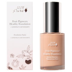 HundredPercentPure Healthy Foundation bottle close-up shows shade-matching glow for light to medium skin.