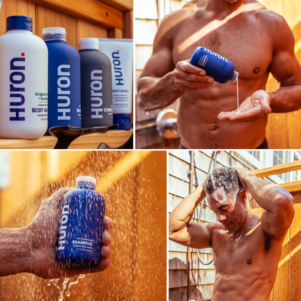 Huron bathroom packaging display showcases premium grooming in a modern bathroom.