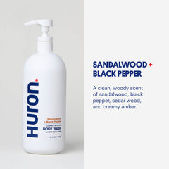 Close-up label of Huron body wash showing ingredients.