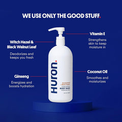 Huron Jumbo Shower Kit conditioner tube nourishes dry hair with lightweight moisture.