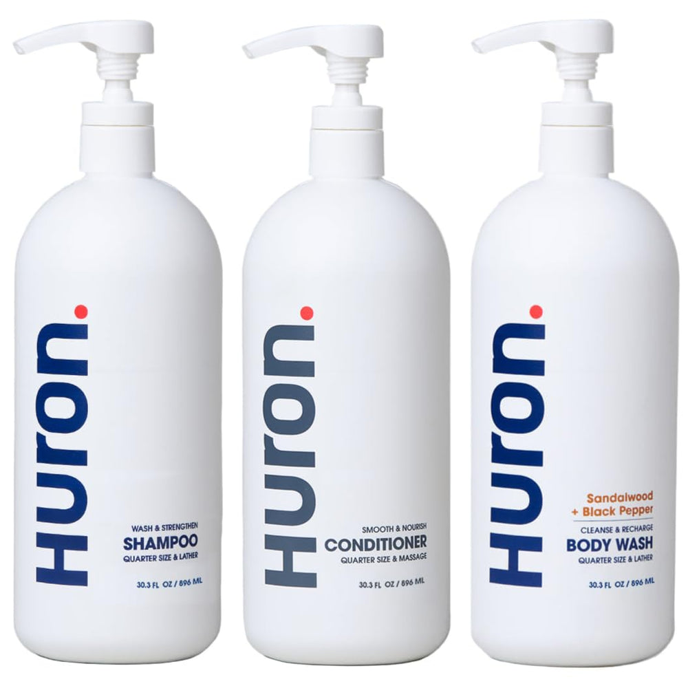 Huron Jumbo Shower Kit shampoo bottle with hydrating cleanse for refreshed hair.