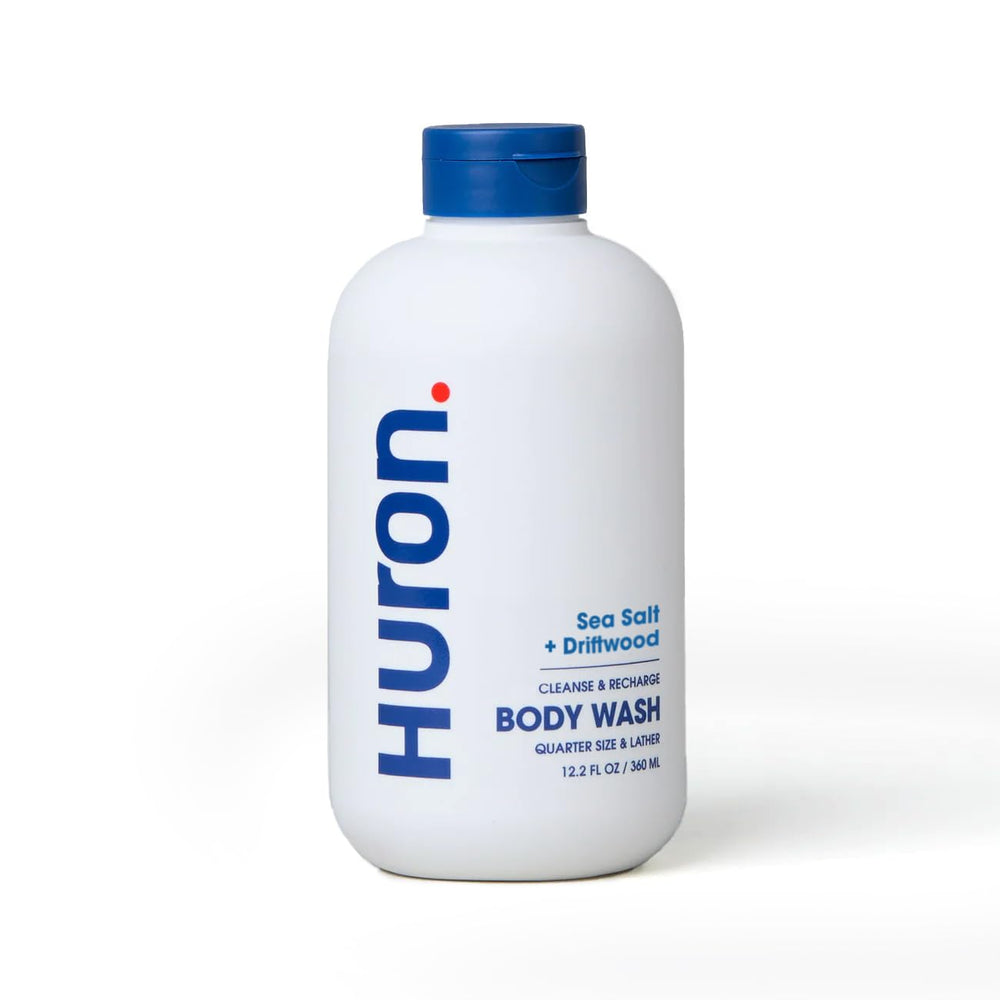 Huron men's body wash bottle pour for quick daily refresh and deodorization.