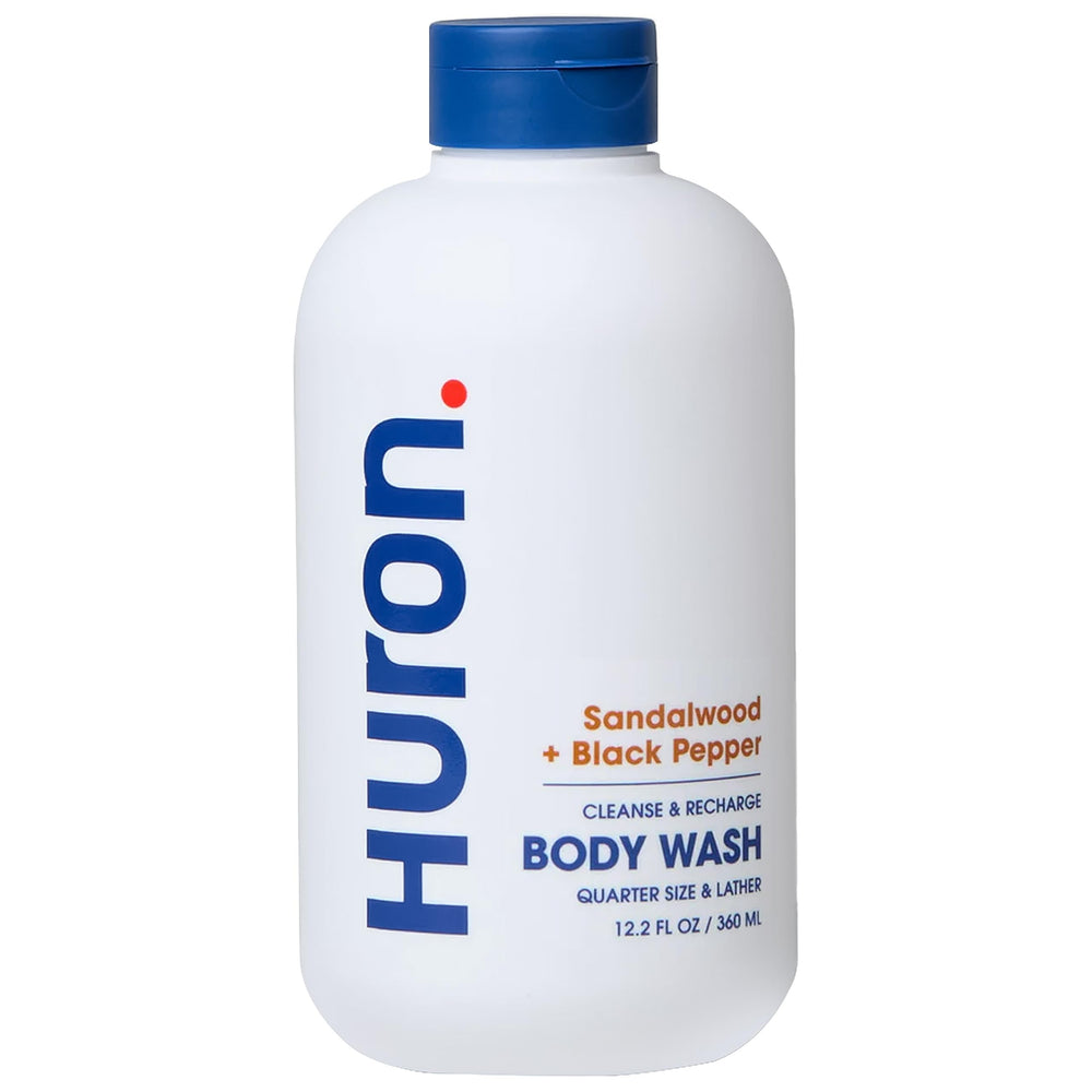Huron Men's Body Wash bottle with woody scent delivers a clean, lasting refresh.