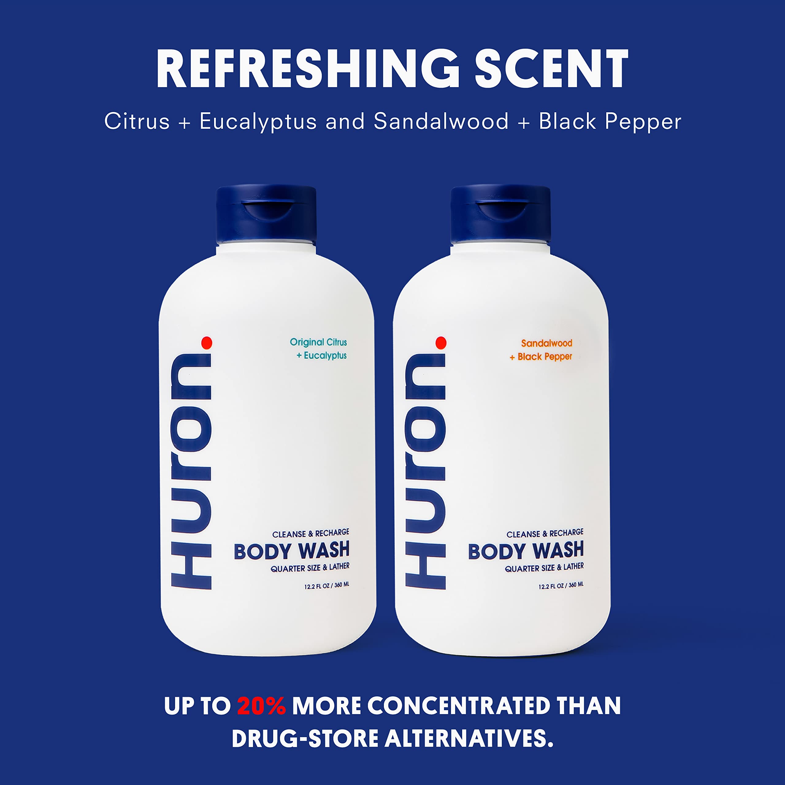 Huron Men's Body Wash witch hazel note emphasizes odor control and clarity.