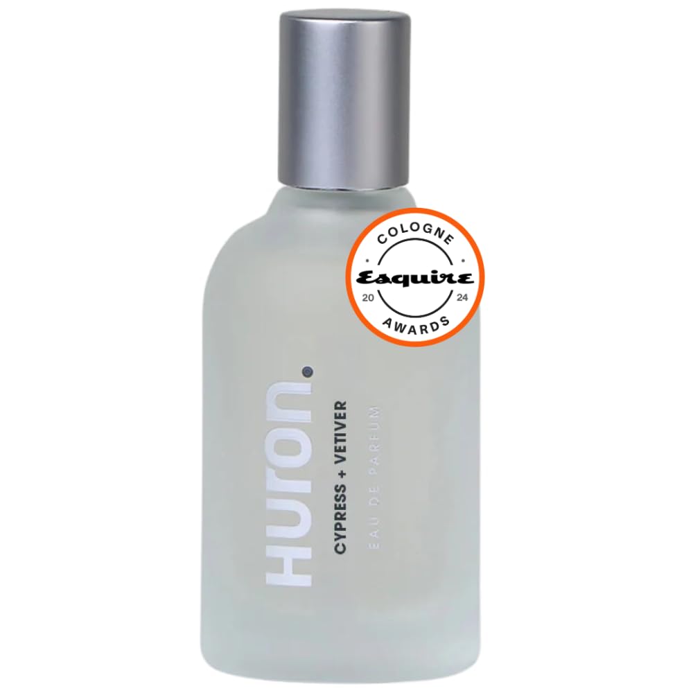 Huron men’s cologne bottle close-up showing a fresh bergamot and juniper aroma for daily wear