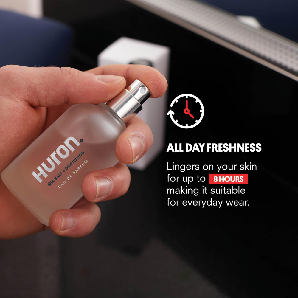 Huron Men's Cologne liquid in a clear glass bottle, showing minimalist design.
