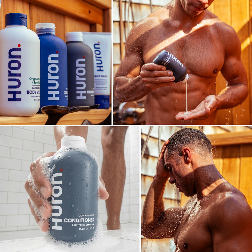 Huron Men’s Conditioner displayed on a bathroom shelf for daily use.