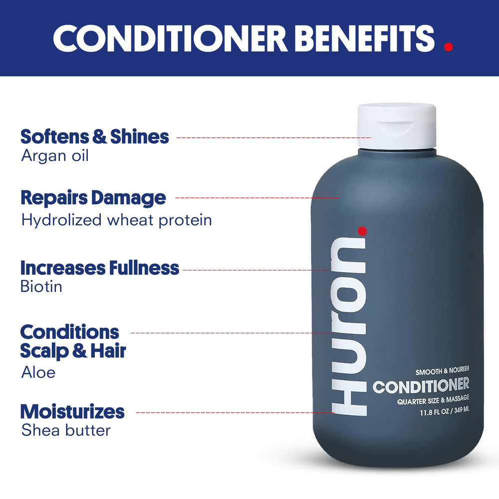 Huron Men’s Conditioner ingredients panel features shea butter and argan oil.