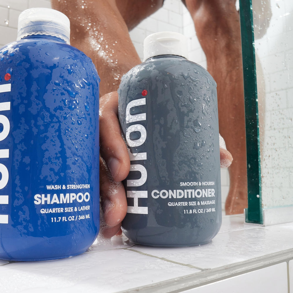 Two-pack box of Huron Men’s Conditioner emphasizes value and eco-friendly packaging.
