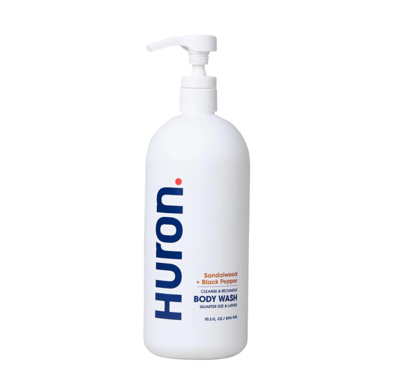 Huron men’s body wash bottle front view for a clean, woody sense.
