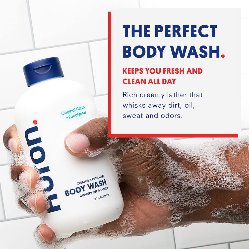 Huron body wash label close-up highlighting sandalwood and amber notes