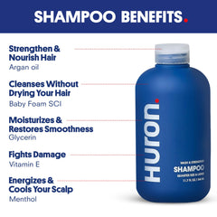 Huron Shower Kit body wash bottle featuring sandalwood and black pepper scent