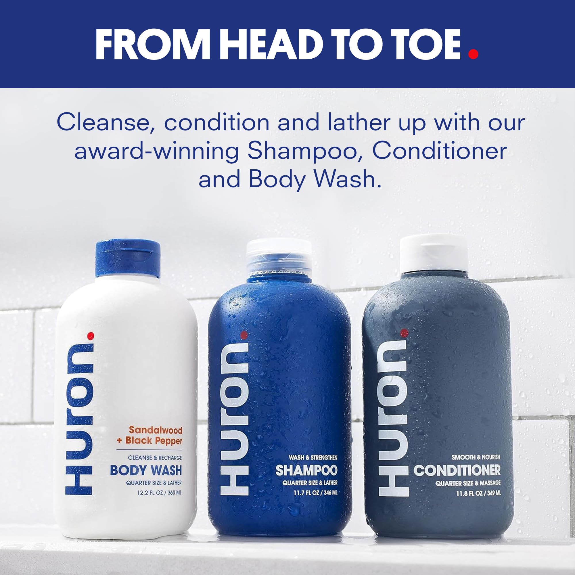 Huron Shower Kit conditioner bottle offering frizz control and shine