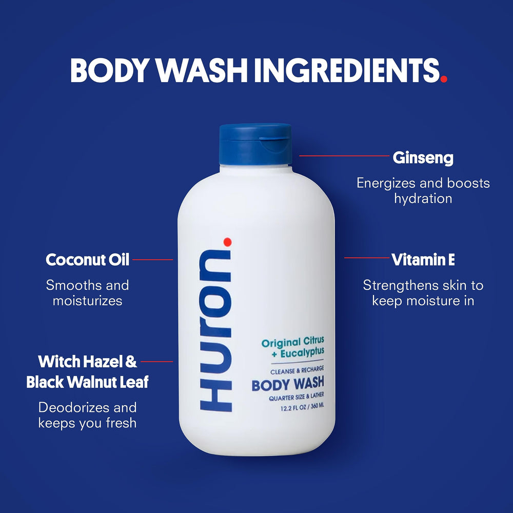 Huron label closeup emphasizes fragrance notes of citrus, juniper, and greens.