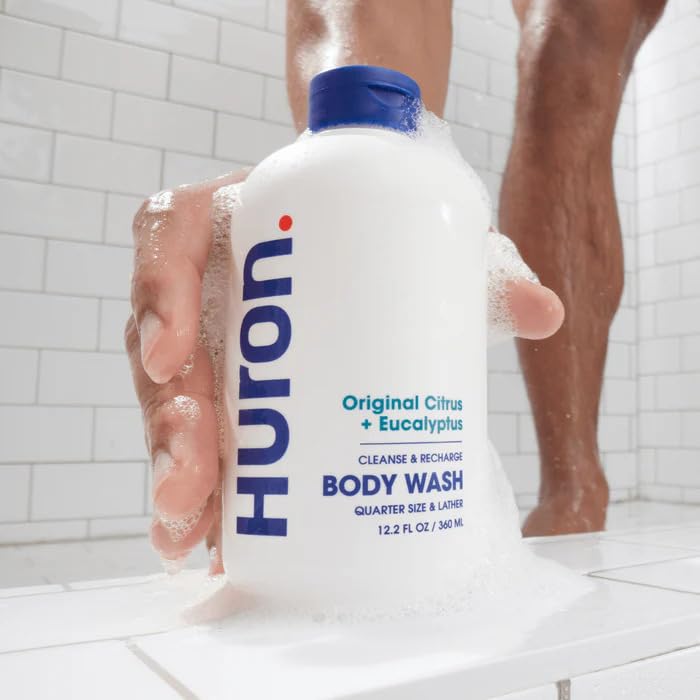 Close-up of Sea Salt + Driftwood scent on Huron bottle.