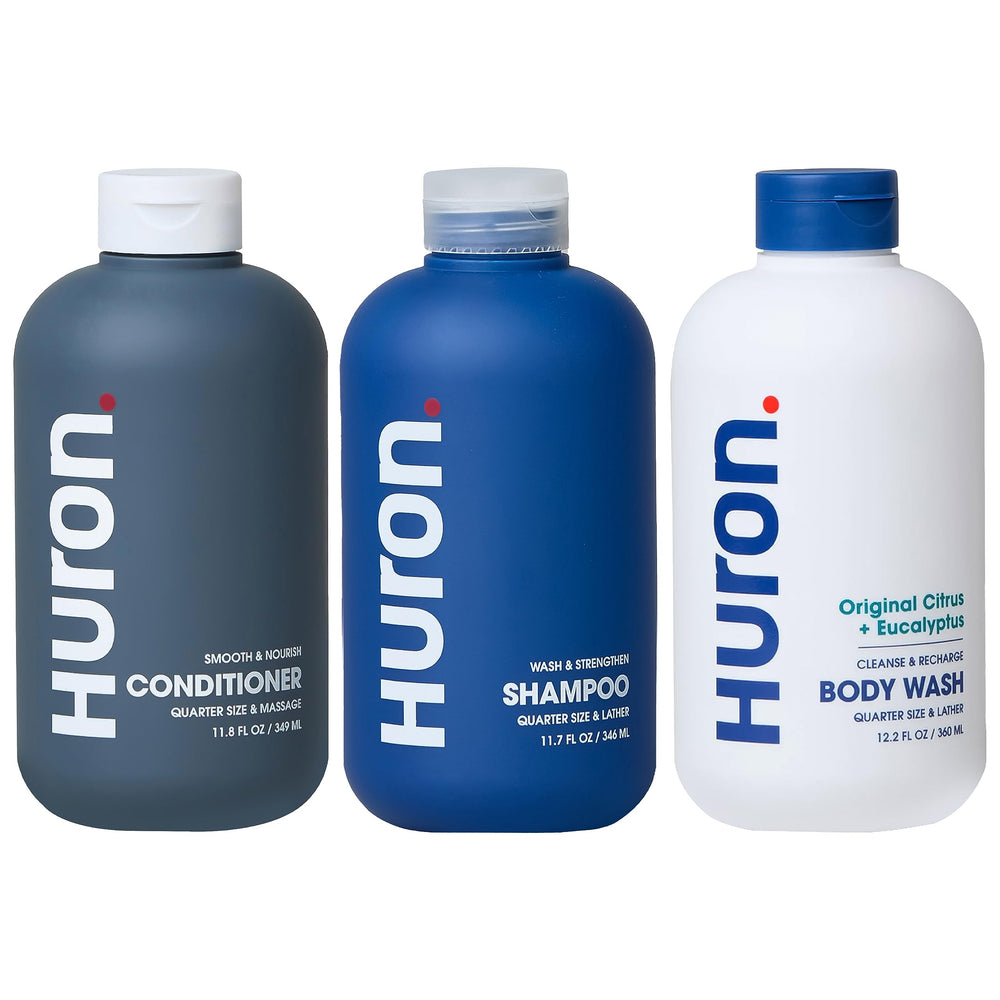 Huron Shower Kit shampoo bottle highlights hydrating formula for a refreshed scalp.