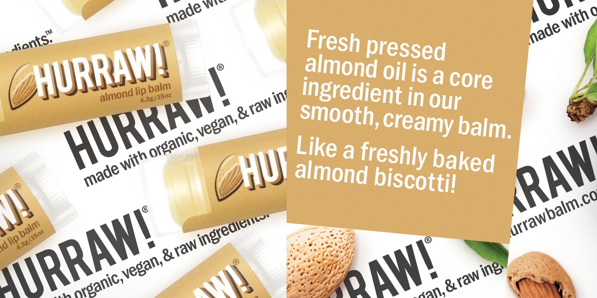 Packaging box for Hurraw Almond Lip Balm pack highlights USA-made quality
