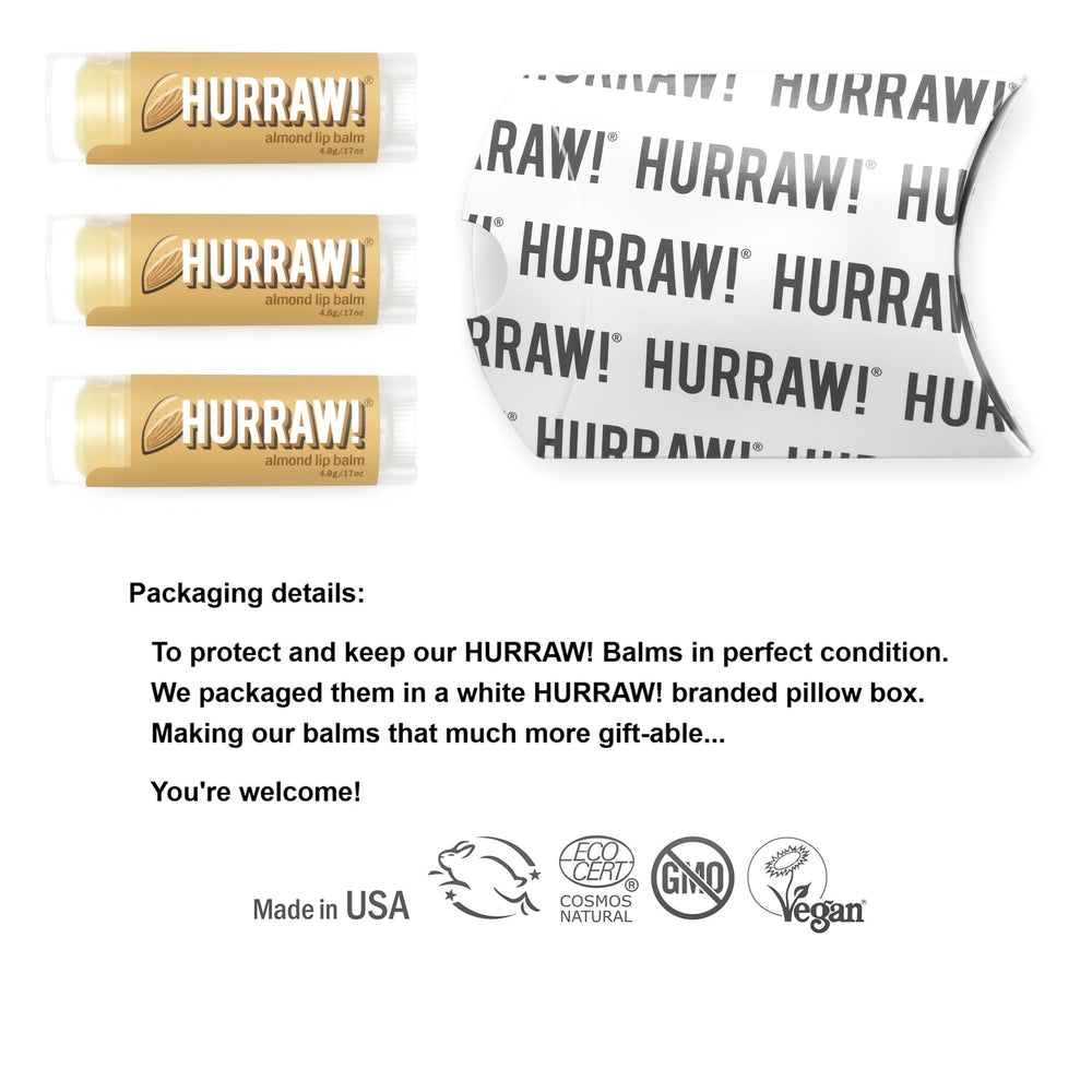 Hurraw Almond Lip Balm 3 Pack back view displays packaging and certifications