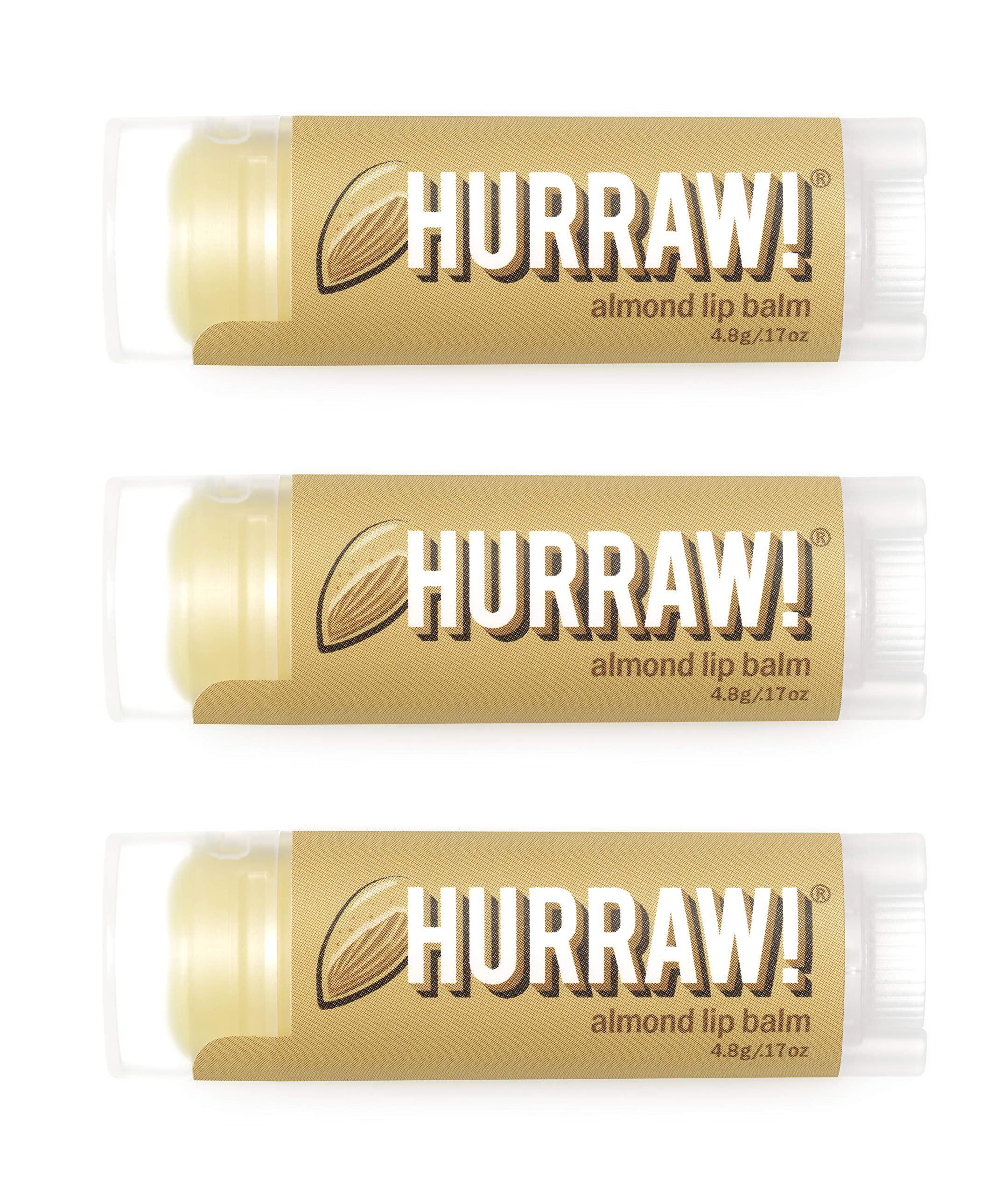 Hurraw Almond Lip Balm 3 Pack front view shows organic vegan formula for dry lips