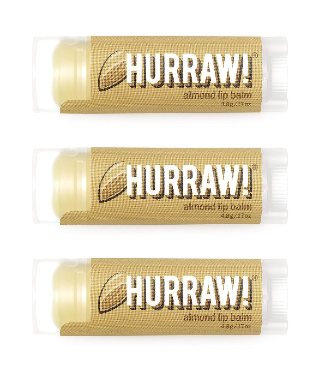 Hurraw Almond Lip Balm 3 Pack front view shows organic vegan formula for dry lips