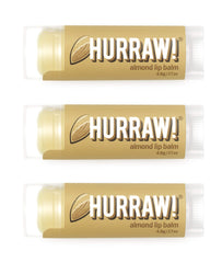 Hurraw Almond Lip Balm 3 Pack front view shows organic vegan formula for dry lips