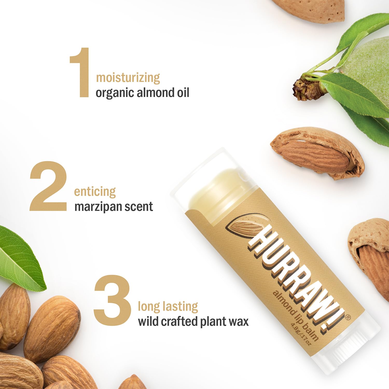 Close-up of Hurraw Almond Lip Balm tubes shows smooth texture and moisture