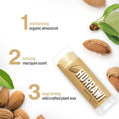 Close-up of Hurraw Almond Lip Balm tubes shows smooth texture and moisture