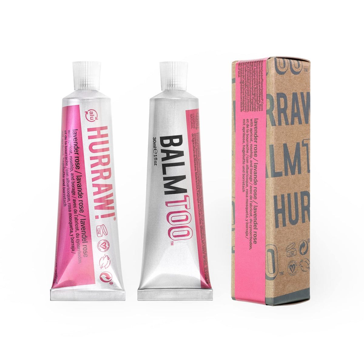 Hurraw! Balmtoo Lavender Rose texture close-up, ultra-moisturizing for all-over skin use.
