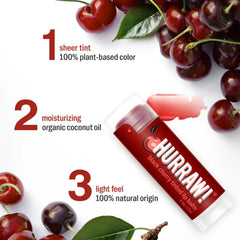 Hurraw! Black Cherry red sheer tint swatch on lips for natural color.