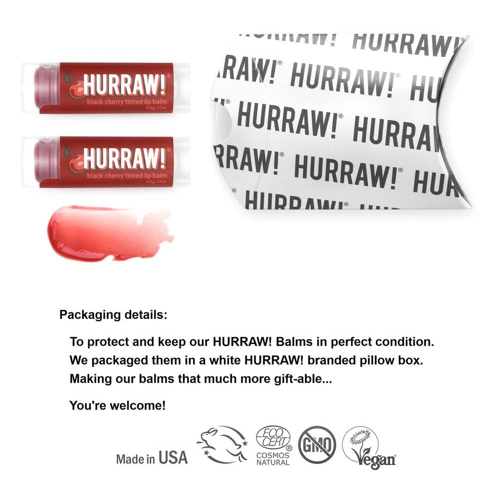 Hurraw! Black Cherry tinted lip balm tubes ready for daily vegan hydration.